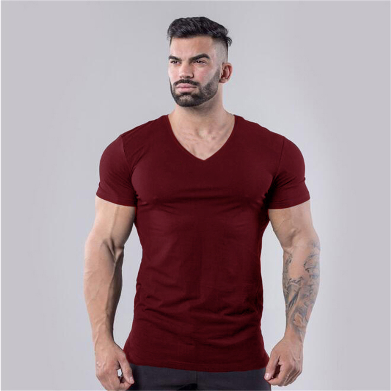 Plain Cotton Gym T-shirt Men Summer Fitness Clothing V-Neck Short Sleeve T shirt Slim Fit Tshirt Bodybuilding Workout Tees Tops